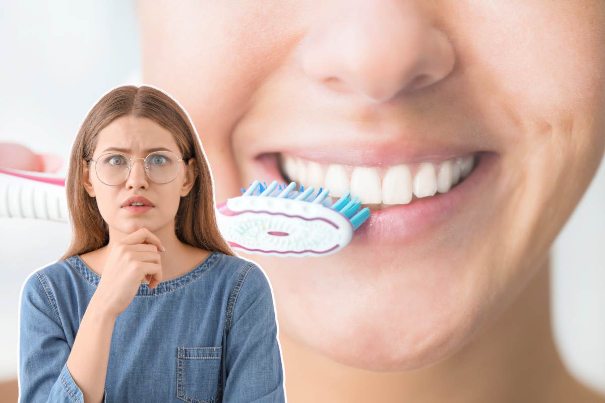 collage ragazza preoccupata e donna che si lava i denti